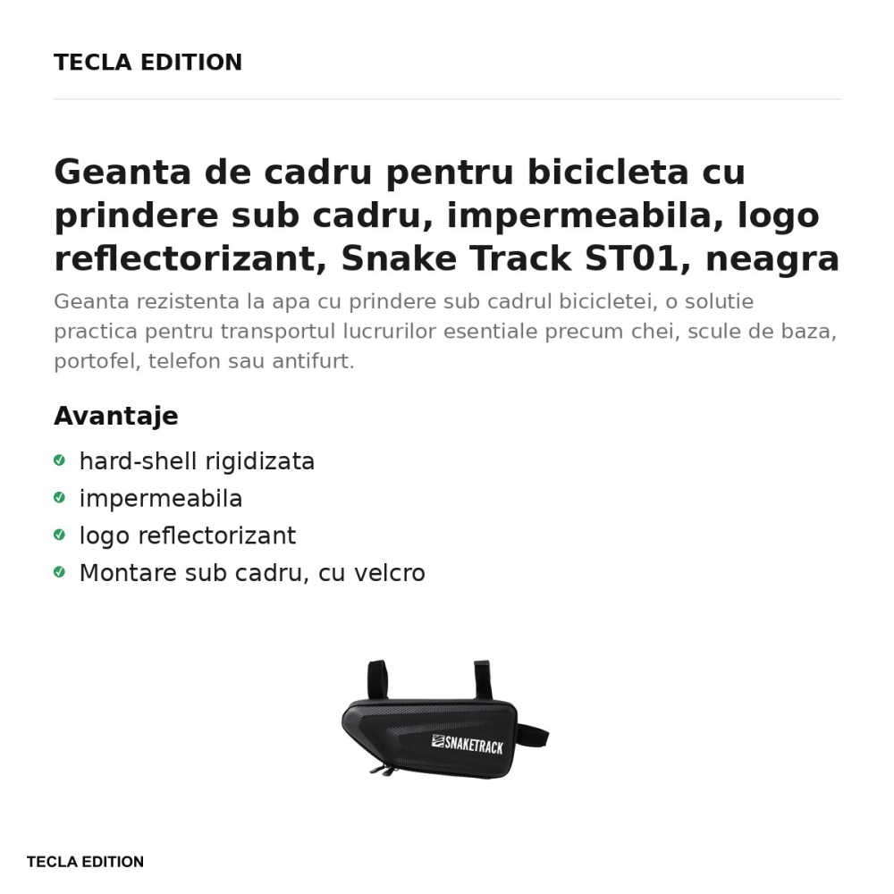Geanta de cadru pentru bicicleta cu prindere sub cadru, impermeabila, logo reflectorizant, Snake Track ST01, neagra [2]