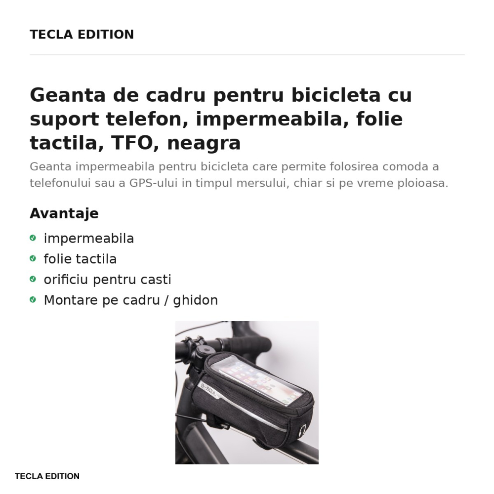 Geanta de cadru pentru bicicleta cu suport telefon, impermeabila, folie tactila, TFO, neagra [2]
