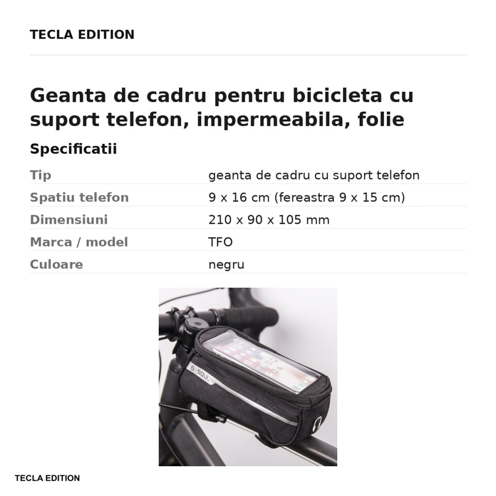 Geanta de cadru pentru bicicleta cu suport telefon, impermeabila, folie tactila, TFO, neagra [3]