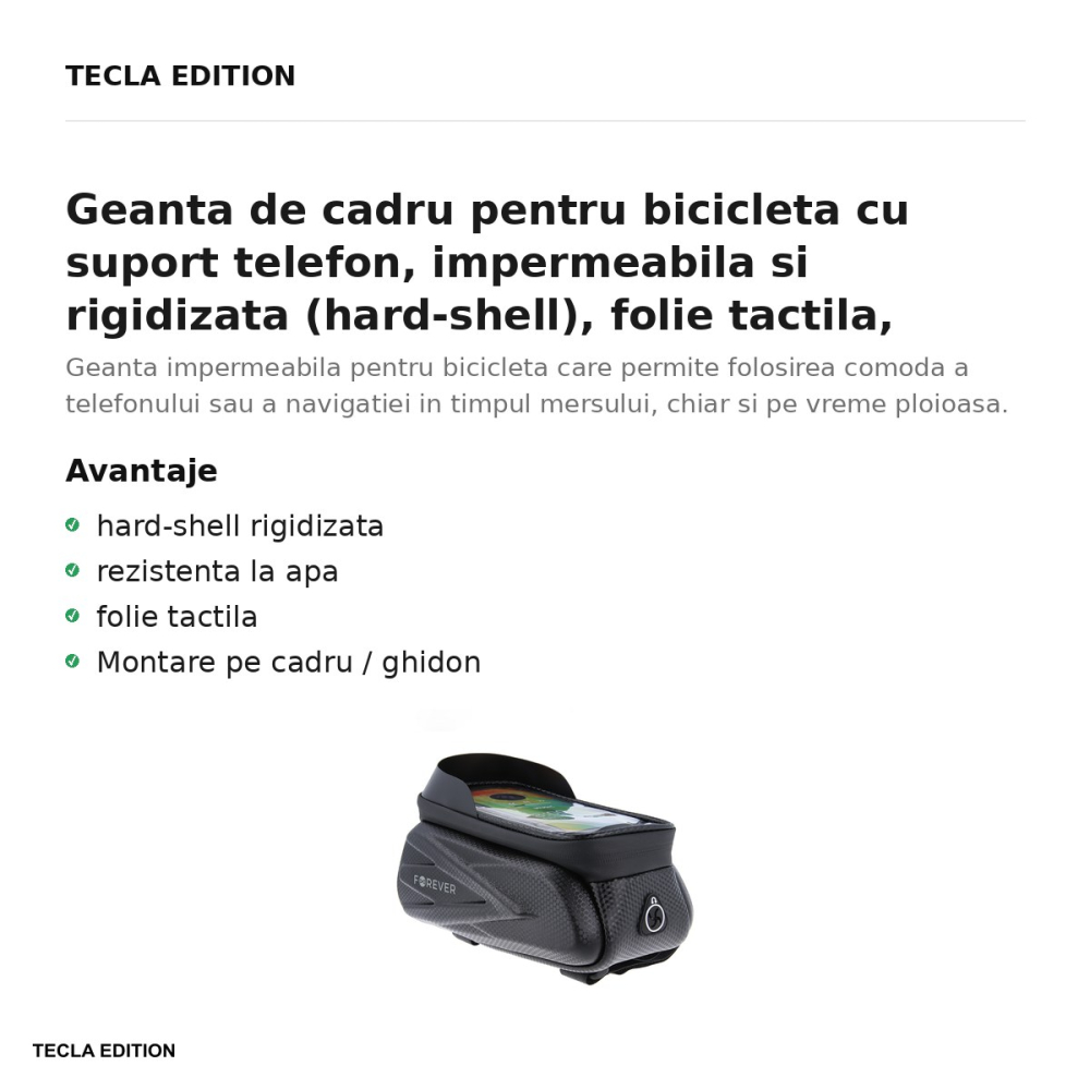 Geanta de cadru pentru bicicleta cu suport telefon, impermeabila si rigidizata (hard-shell), folie tactila, Forever Outdoor, neagra [2]