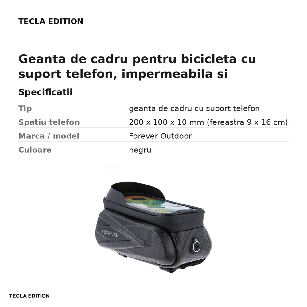 Geanta de cadru pentru bicicleta cu suport telefon, impermeabila si rigidizata (hard-shell), folie tactila, Forever Outdoor, neagra [3]