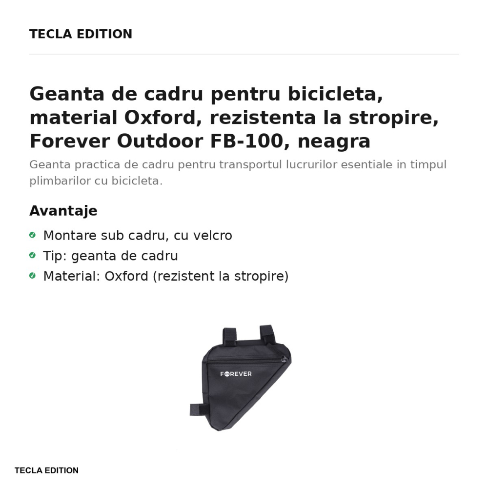 Geanta de cadru pentru bicicleta, material Oxford, rezistenta la stropire, Forever Outdoor FB-100, neagra [2]