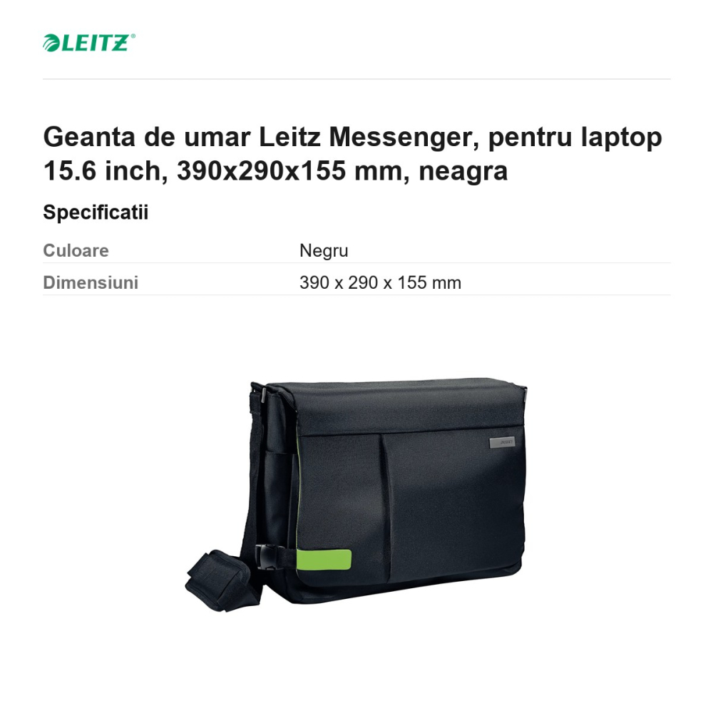 Geanta de umar Leitz Messenger, pentru laptop 15.6 inch, 390x290x155 mm, neagra [3]