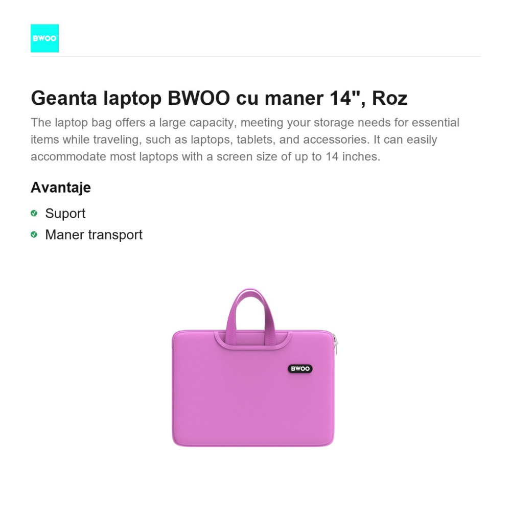 Geanta laptop BWOO cu maner 14", Roz [2]