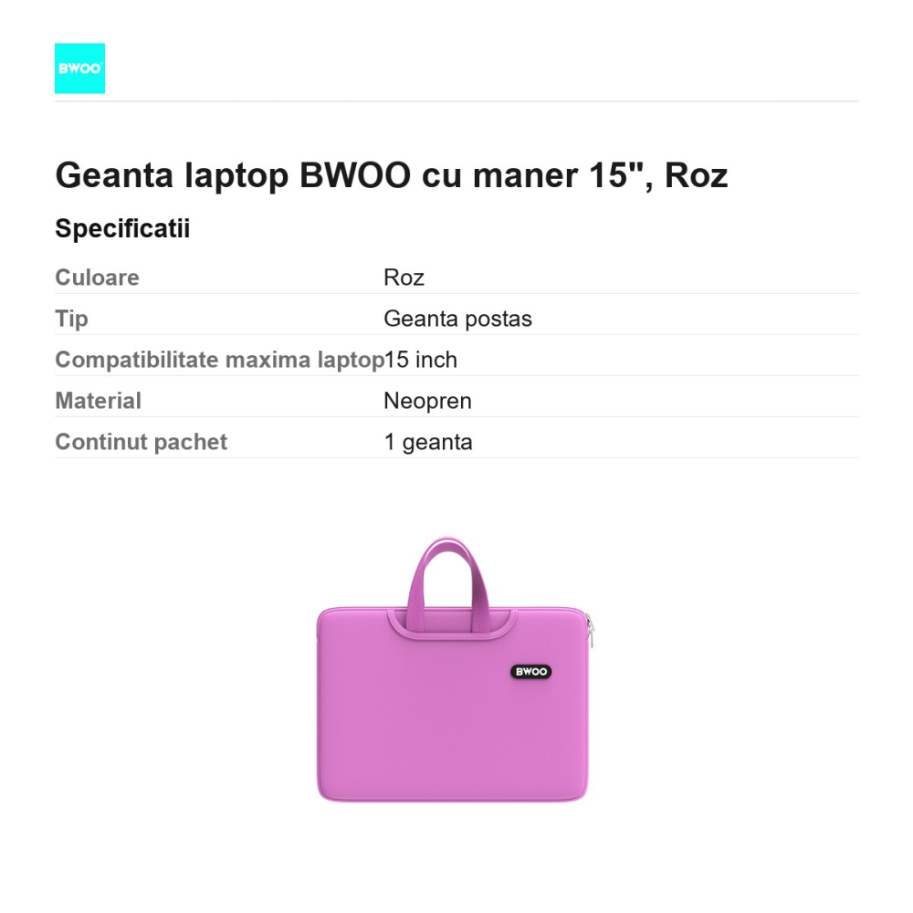 Geanta laptop BWOO cu maner 15", Roz [3]