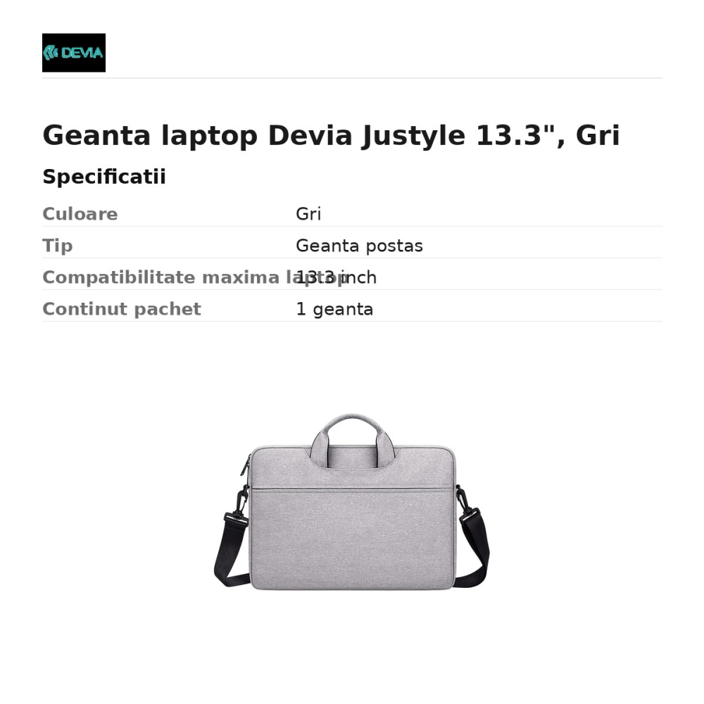 Geanta laptop Devia Justyle 13.3", Gri [3]