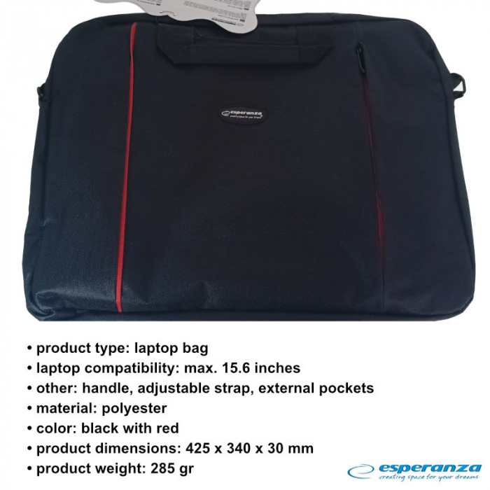 Geanta laptop Esperanza Salerno, 15.6", poliester, curea reglabila, neagra [6]