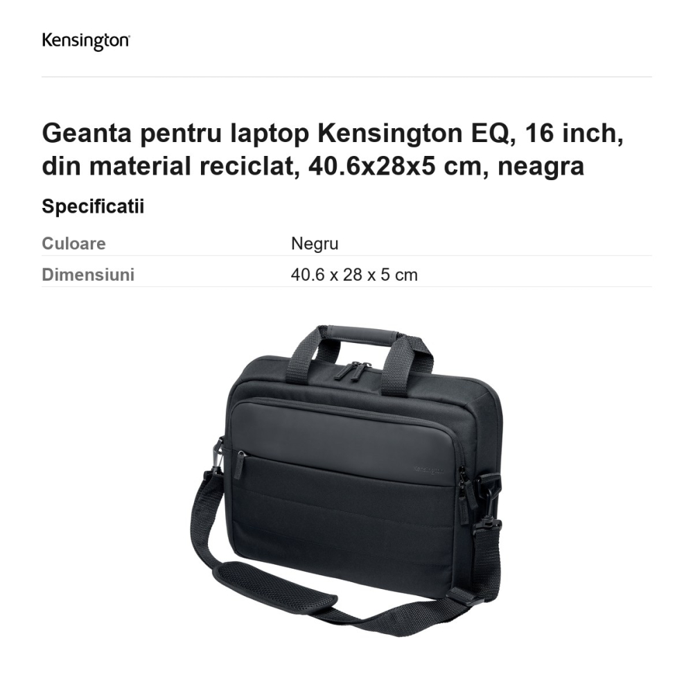 Geanta pentru laptop Kensington EQ, 16 inch, din material reciclat, 40.6x28x5 cm, neagra [3]