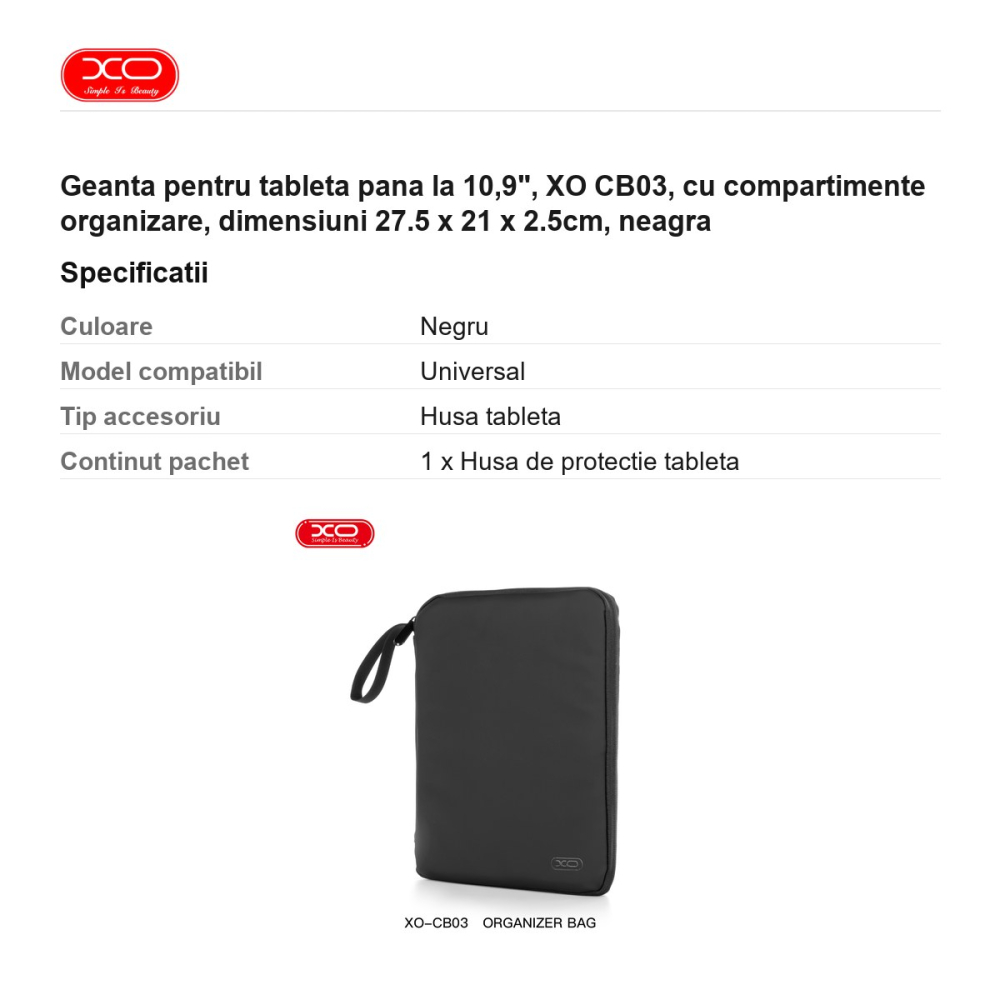 Geanta pentru tableta pana la 10,9", XO CB03, cu compartimente organizare, dimensiuni 27.5 x 21 x 2.5cm, neagra [3]