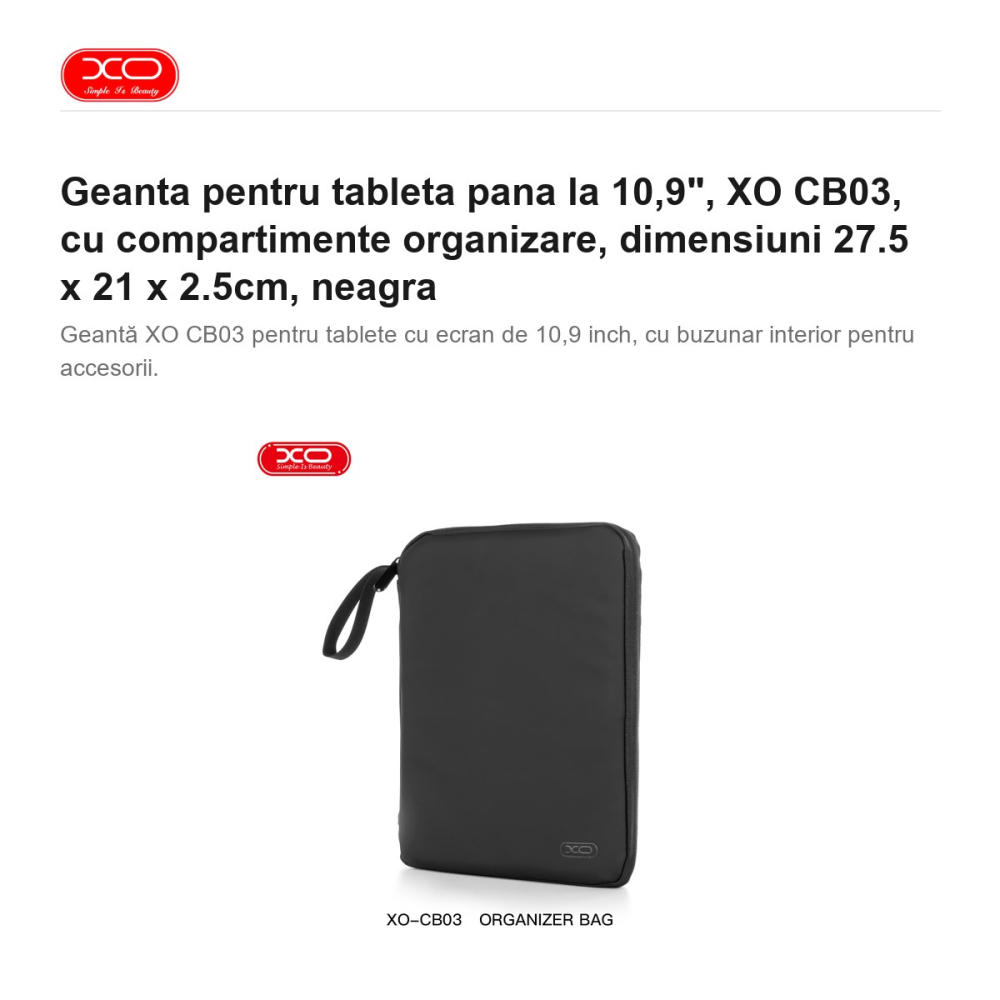 Geanta pentru tableta pana la 10,9", XO CB03, cu compartimente organizare, dimensiuni 27.5 x 21 x 2.5cm, neagra [2]