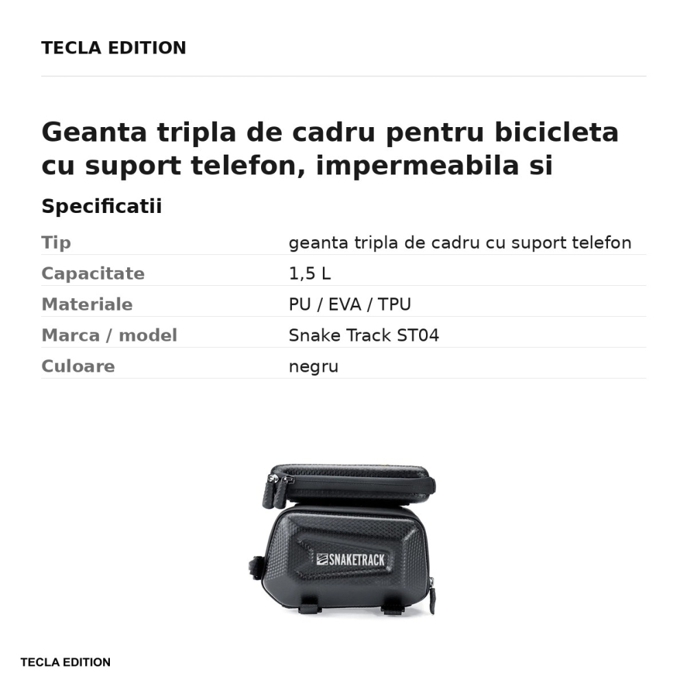 Geanta tripla de cadru pentru bicicleta cu suport telefon, impermeabila si rigidizata (hard-shell), 1,5 L, Snake Track ST04, neagra [3]