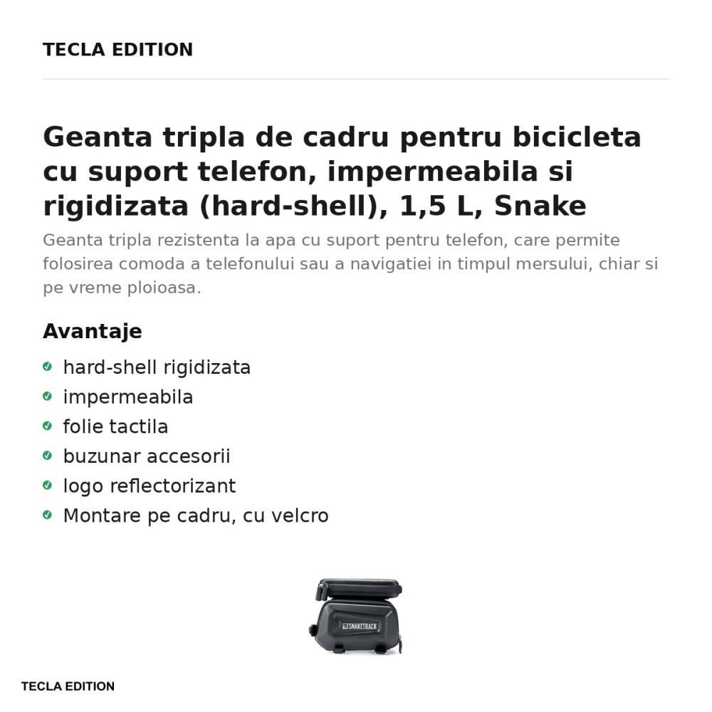 Geanta tripla de cadru pentru bicicleta cu suport telefon, impermeabila si rigidizata (hard-shell), 1,5 L, Snake Track ST04, neagra [2]