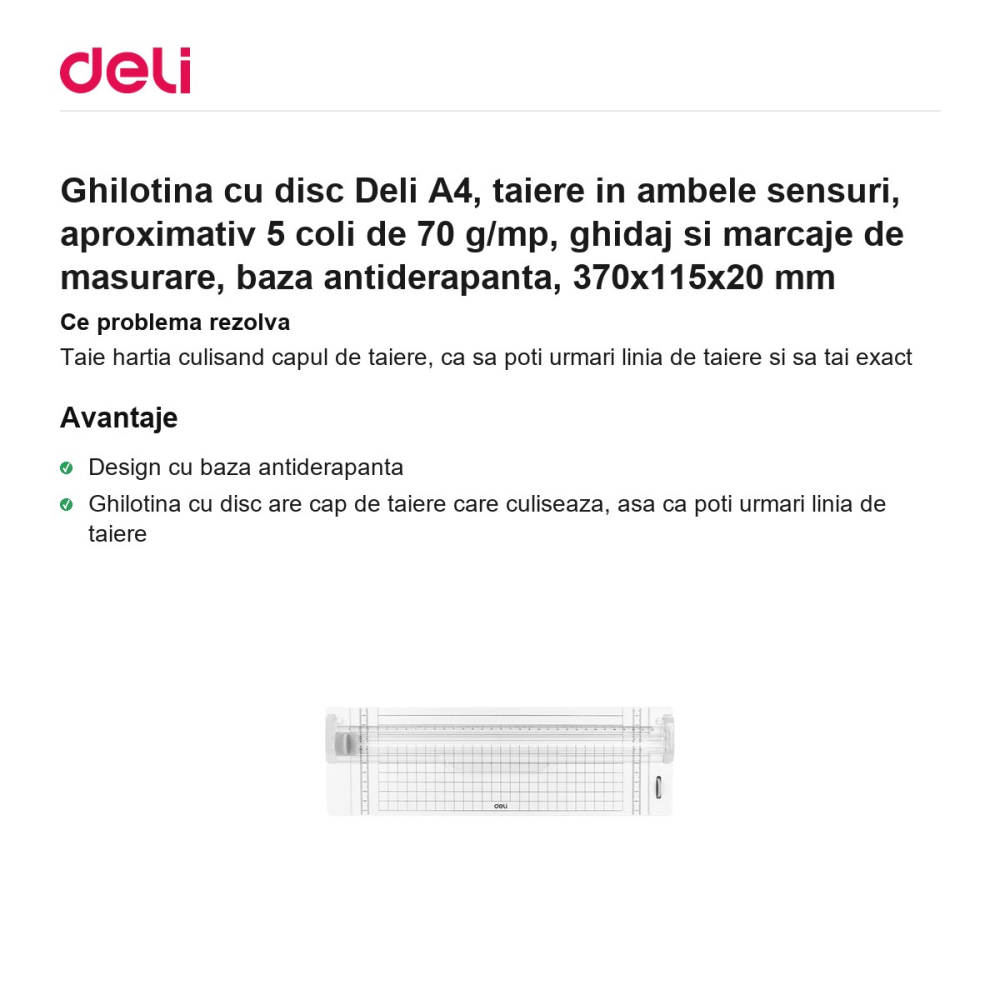 Ghilotina cu disc Deli A4, taiere in ambele sensuri, aproximativ 5 coli de 70 g/mp, ghidaj si marcaje de masurare, baza antiderapanta, 370x115x20 mm [2]