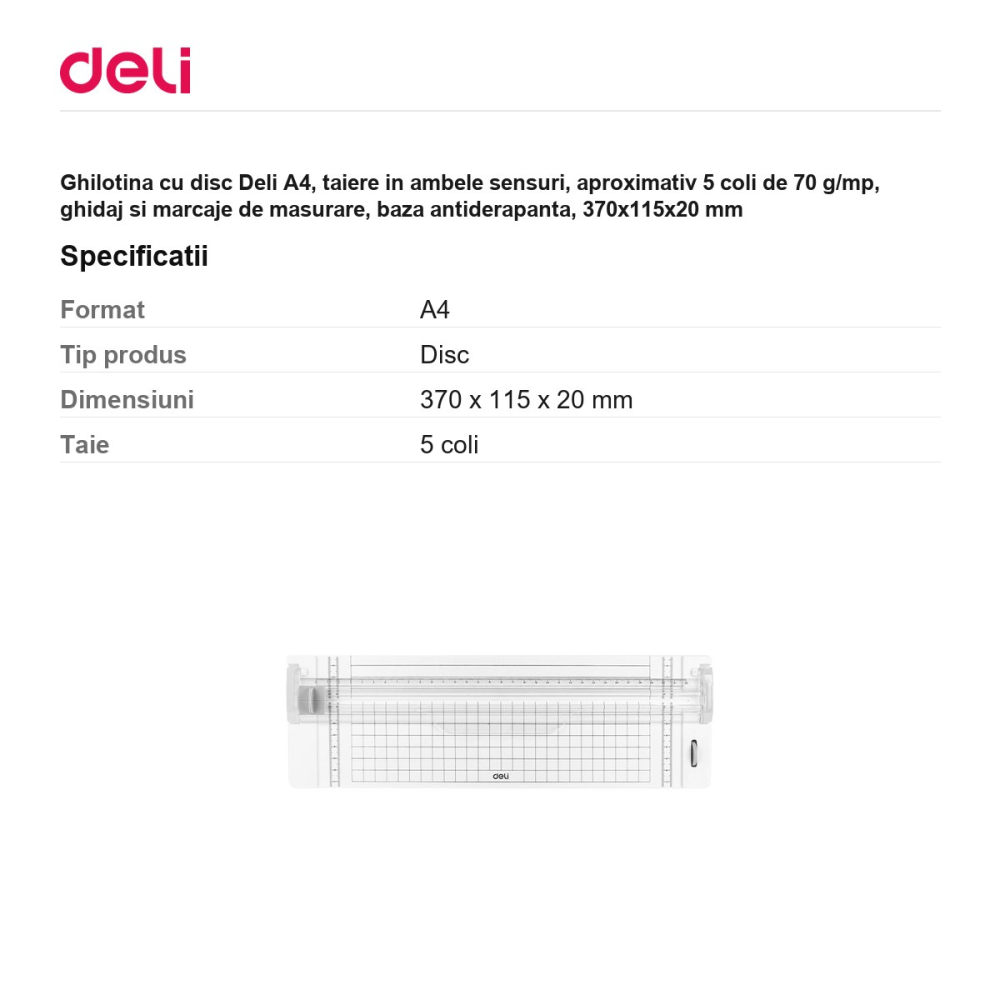 Ghilotina cu disc Deli A4, taiere in ambele sensuri, aproximativ 5 coli de 70 g/mp, ghidaj si marcaje de masurare, baza antiderapanta, 370x115x20 mm [3]