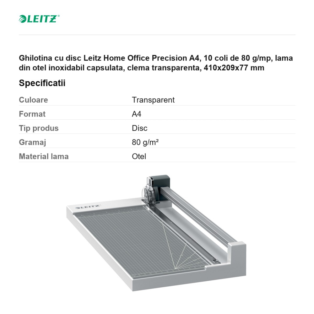 Ghilotina cu disc Leitz Home Office Precision A4, 10 coli de 80 g/mp, lama din otel inoxidabil capsulata, clema transparenta, 410x209x77 mm [3]