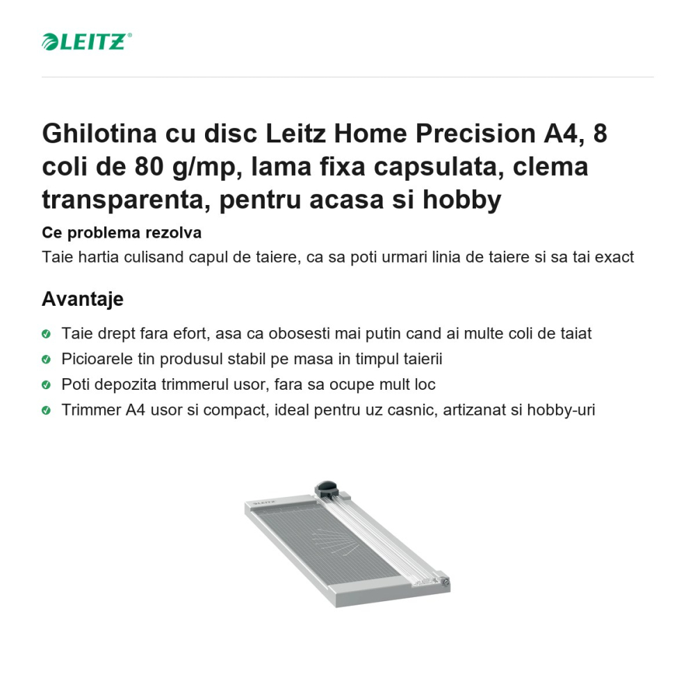 Ghilotina cu disc Leitz Home Precision A4, 8 coli de 80 g/mp, lama fixa capsulata, clema transparenta, pentru acasa si hobby [2]