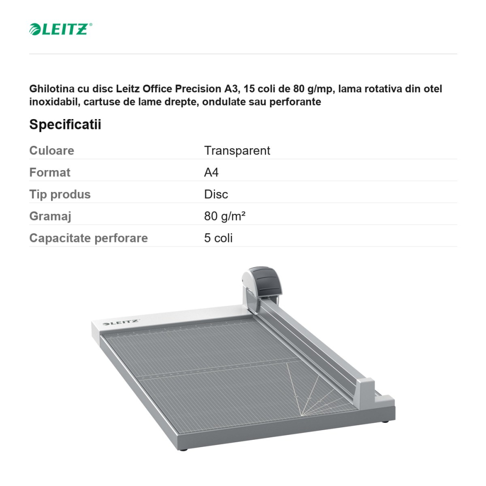 Ghilotina cu disc Leitz Office Precision A3, 15 coli de 80 g/mp, lama rotativa din otel inoxidabil, cartuse de lame drepte, ondulate sau perforante [3]