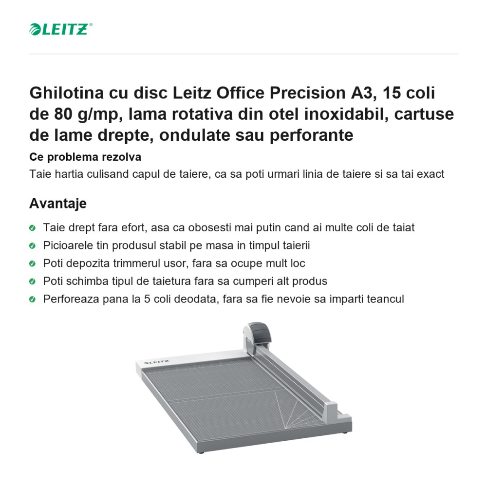 Ghilotina cu disc Leitz Office Precision A3, 15 coli de 80 g/mp, lama rotativa din otel inoxidabil, cartuse de lame drepte, ondulate sau perforante [2]