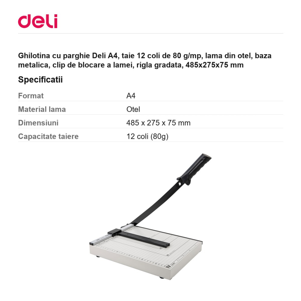 Ghilotina cu parghie Deli A4, taie 12 coli de 80 g/mp, lama din otel, baza metalica, clip de blocare a lamei, rigla gradata, 485x275x75 mm [3]