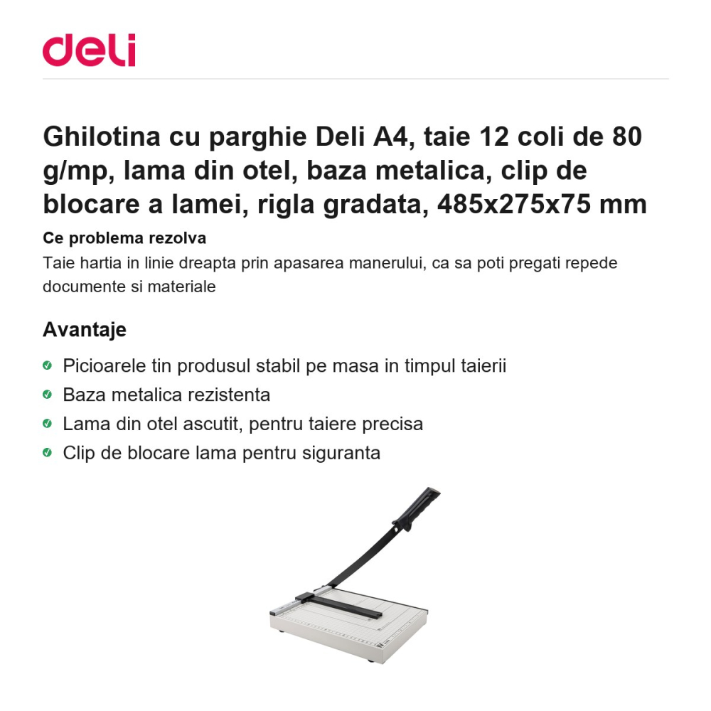 Ghilotina cu parghie Deli A4, taie 12 coli de 80 g/mp, lama din otel, baza metalica, clip de blocare a lamei, rigla gradata, 485x275x75 mm [2]