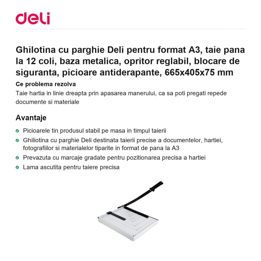 Ghilotina cu parghie Deli pentru format A3, taie pana la 12 coli, baza metalica, opritor reglabil, blocare de siguranta, picioare antiderapante, 665x405x75 mm [2]