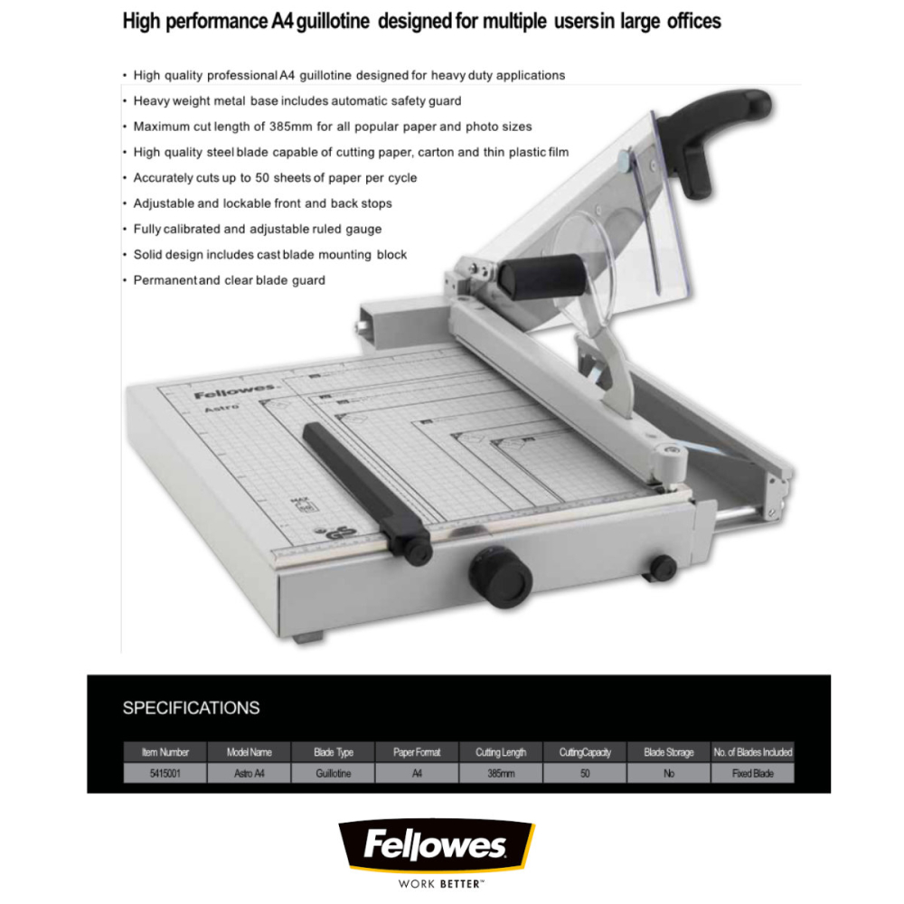 Ghilotina cu parghie, Fellowes Astro A4, pentru birou profesional, taiere A4, capacitate 50 coli, lama otel, baza metalica [4]