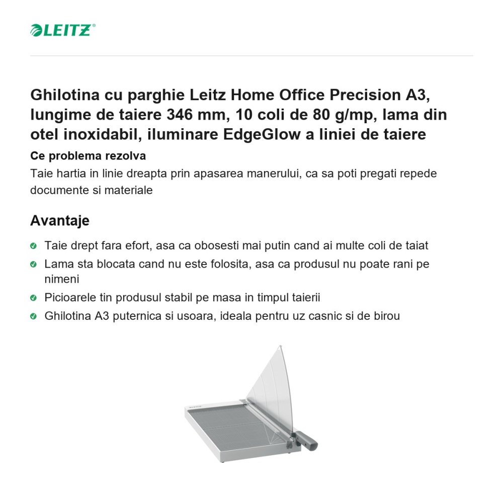 Ghilotina cu parghie Leitz Home Office Precision A3, lungime de taiere 346 mm, 10 coli de 80 g/mp, lama din otel inoxidabil, iluminare EdgeGlow a liniei de taiere [2]