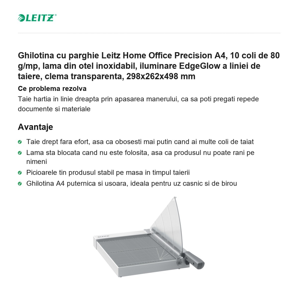 Ghilotina cu parghie Leitz Home Office Precision A4, 10 coli de 80 g/mp, lama din otel inoxidabil, iluminare EdgeGlow a liniei de taiere, clema transparenta, 298x262x498 mm [2]