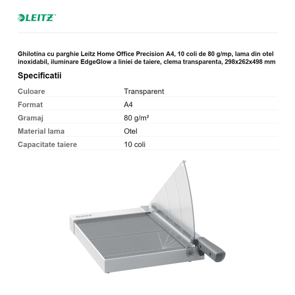 Ghilotina cu parghie Leitz Home Office Precision A4, 10 coli de 80 g/mp, lama din otel inoxidabil, iluminare EdgeGlow a liniei de taiere, clema transparenta, 298x262x498 mm [3]