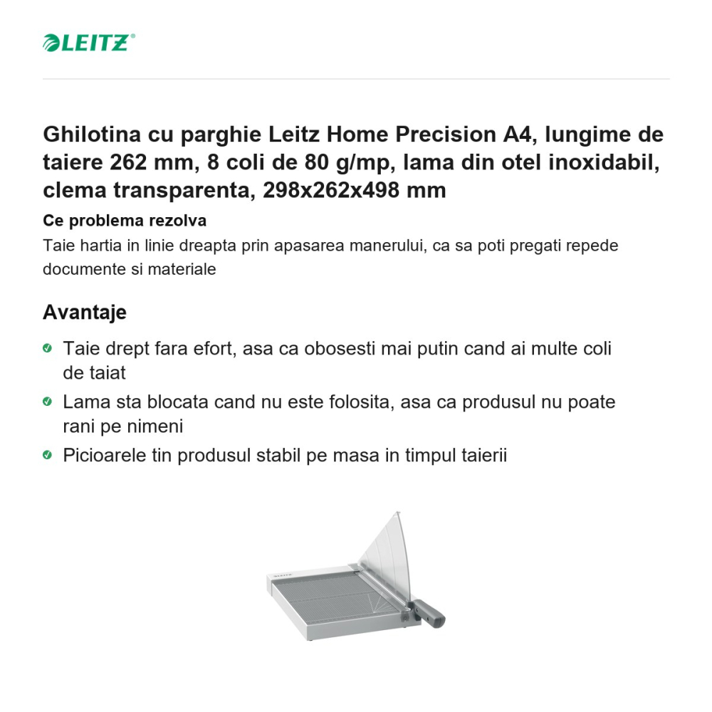 Ghilotina cu parghie Leitz Home Precision A4, lungime de taiere 262 mm, 8 coli de 80 g/mp, lama din otel inoxidabil, clema transparenta, 298x262x498 mm [2]