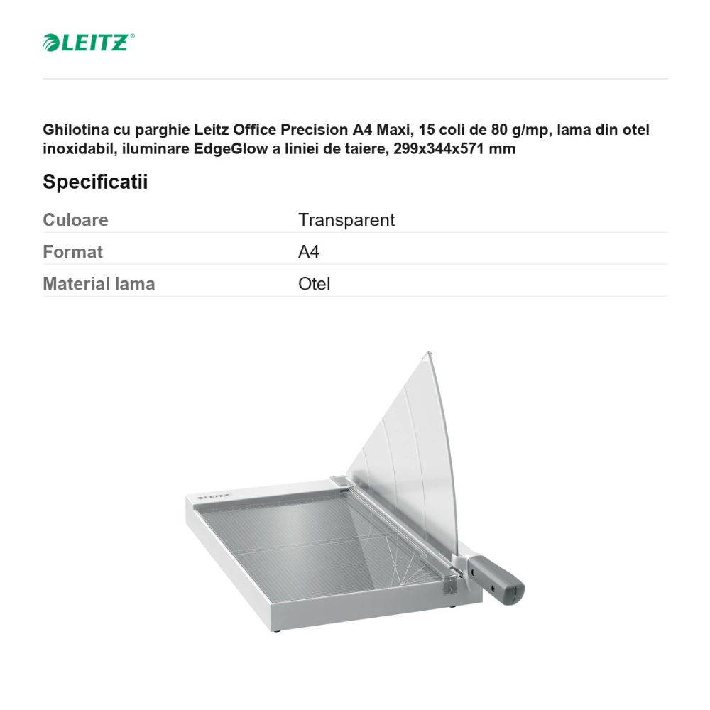 Ghilotina cu parghie Leitz Office Precision A4 Maxi, 15 coli de 80 g/mp, lama din otel inoxidabil, iluminare EdgeGlow a liniei de taiere, 299x344x571 mm [3]