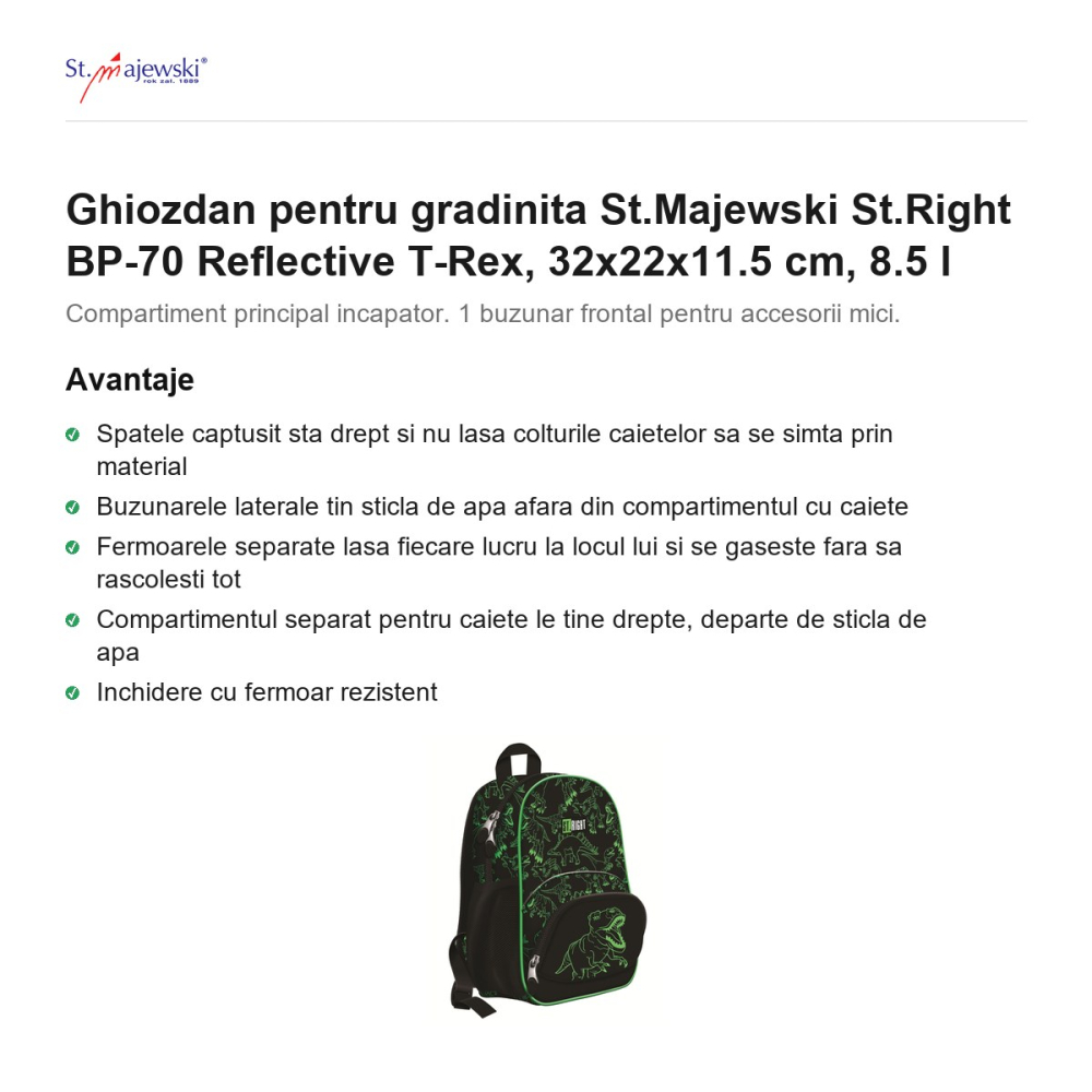 Ghiozdan pentru gradinita St.Majewski St.Right BP-70 Reflective T-Rex, 32x22x11.5 cm, 8.5 l [2]
