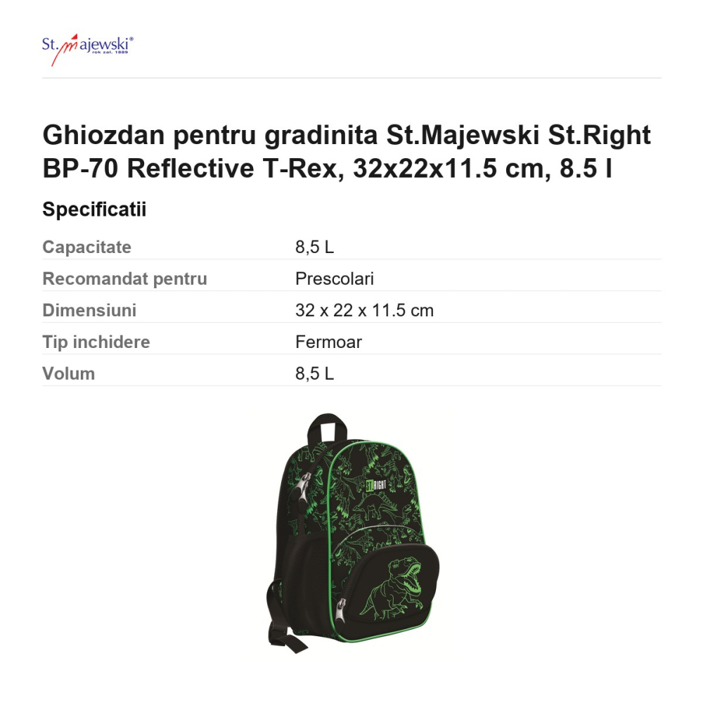 Ghiozdan pentru gradinita St.Majewski St.Right BP-70 Reflective T-Rex, 32x22x11.5 cm, 8.5 l [3]