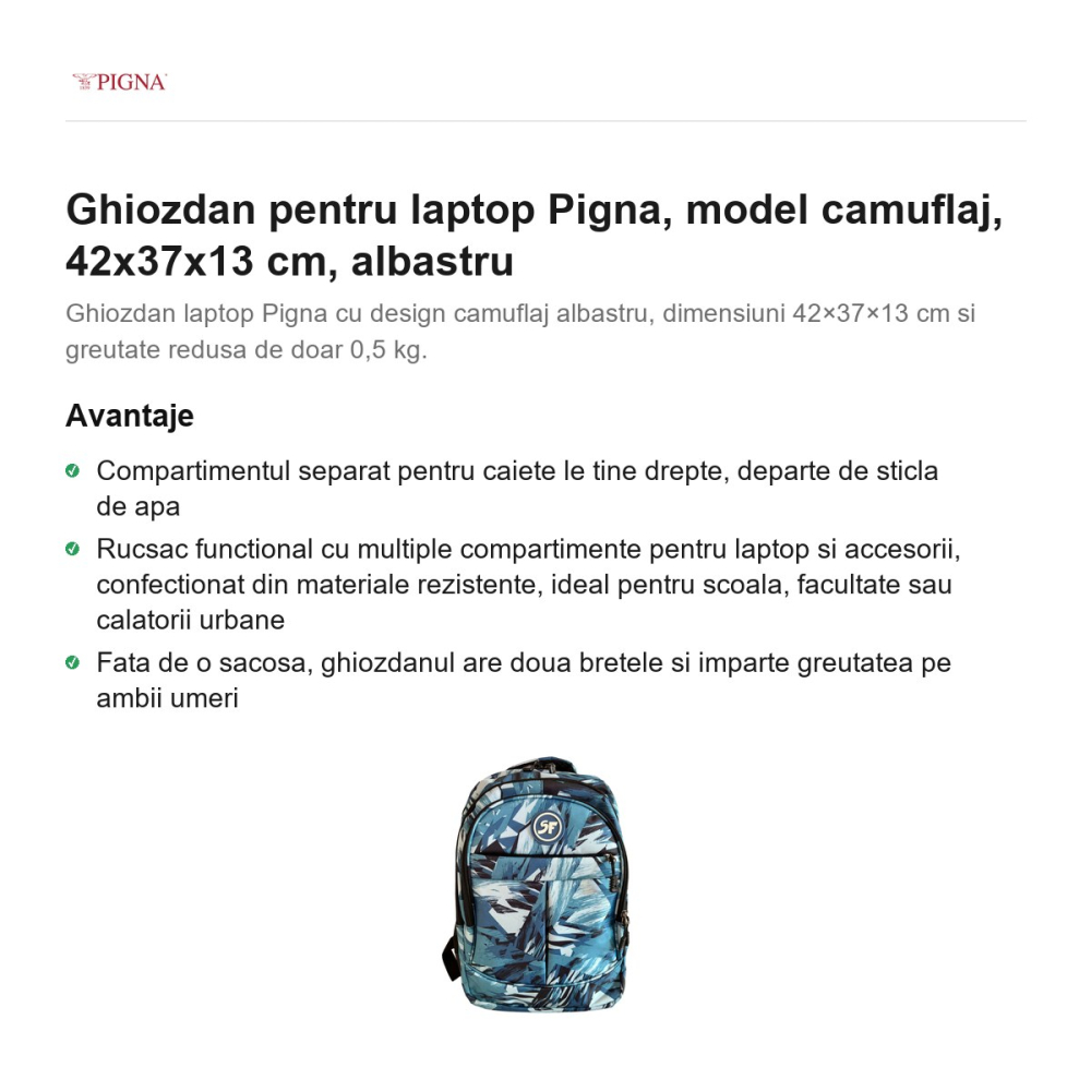 Ghiozdan pentru laptop Pigna, model camuflaj, 42x37x13 cm, albastru [2]