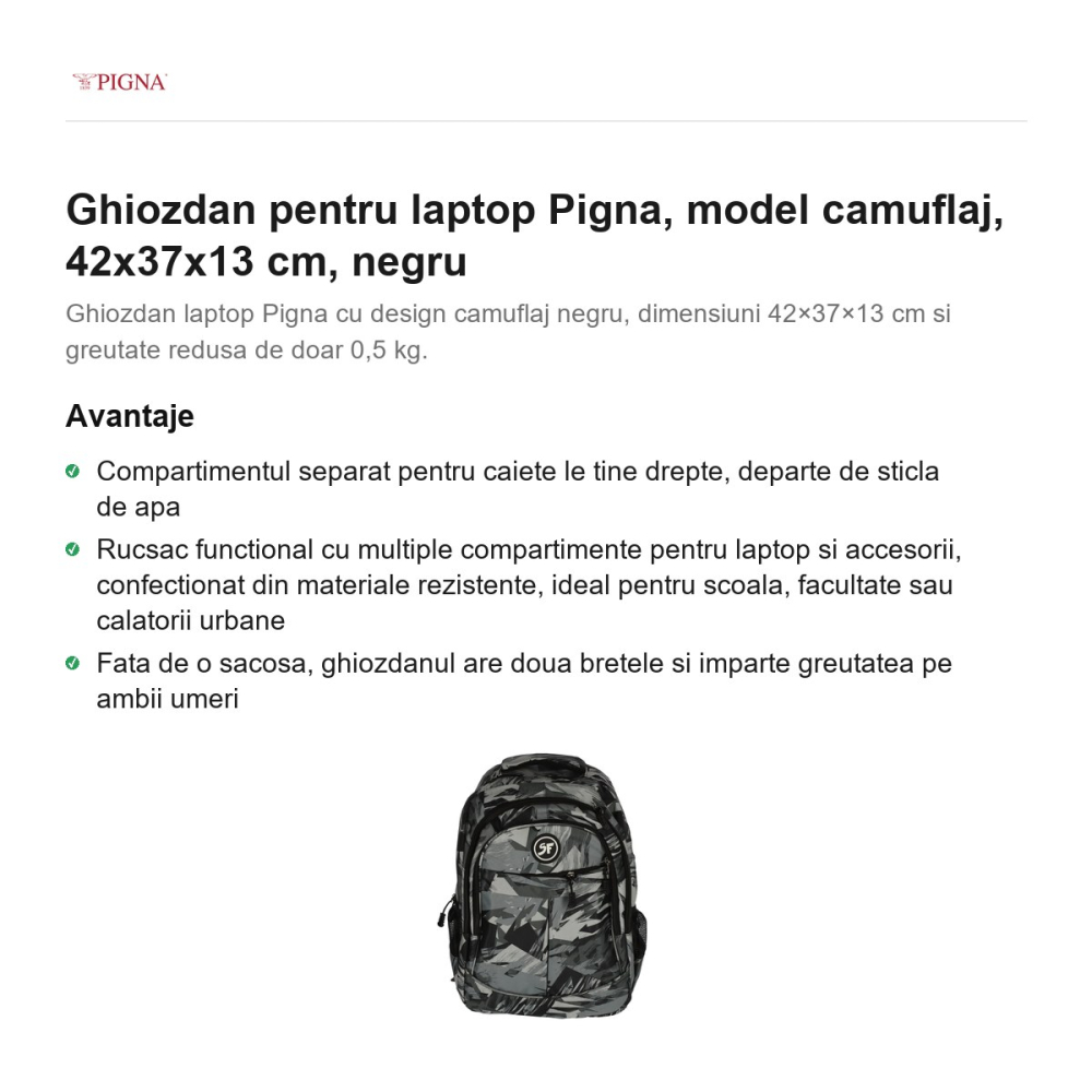 Ghiozdan pentru laptop Pigna, model camuflaj, 42x37x13 cm, negru [2]