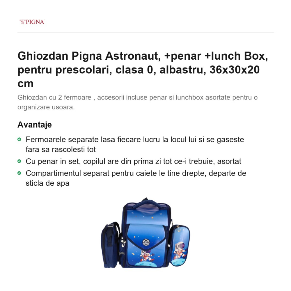 Ghiozdan Pigna Astronaut, pentru prescolari, +penar +lunch box, albastru, 36x30x20 cm [2]