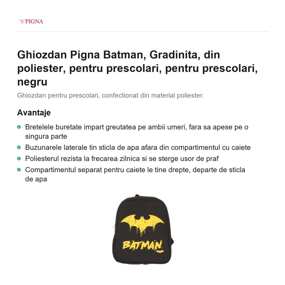 Ghiozdan Pigna Batman, din poliester, pentru prescolari, negru [2]