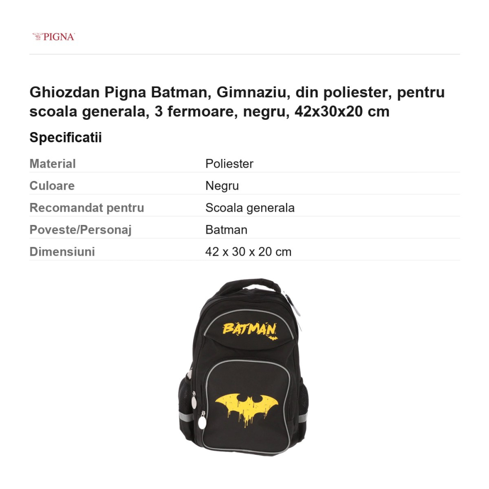 Ghiozdan Pigna Batman, din poliester, pentru scoala generala, 3 fermoare, negru, 42x30x20 cm [3]