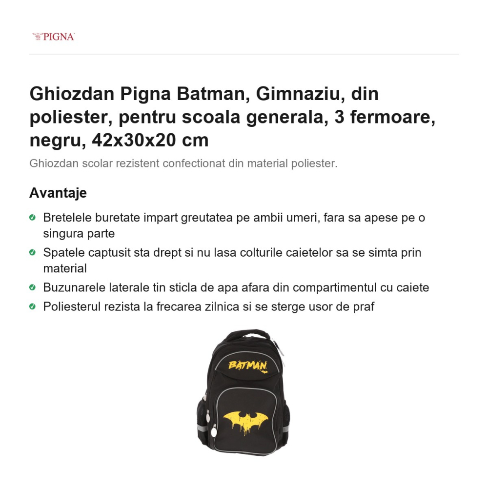 Ghiozdan Pigna Batman, din poliester, pentru scoala generala, 3 fermoare, negru, 42x30x20 cm [2]