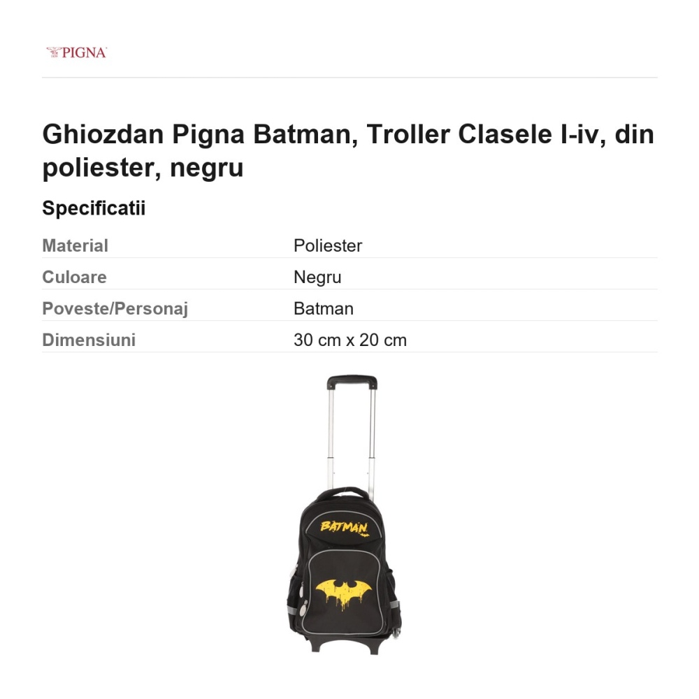 Ghiozdan Pigna Batman, din poliester, troller clasele I-IV, negru [3]