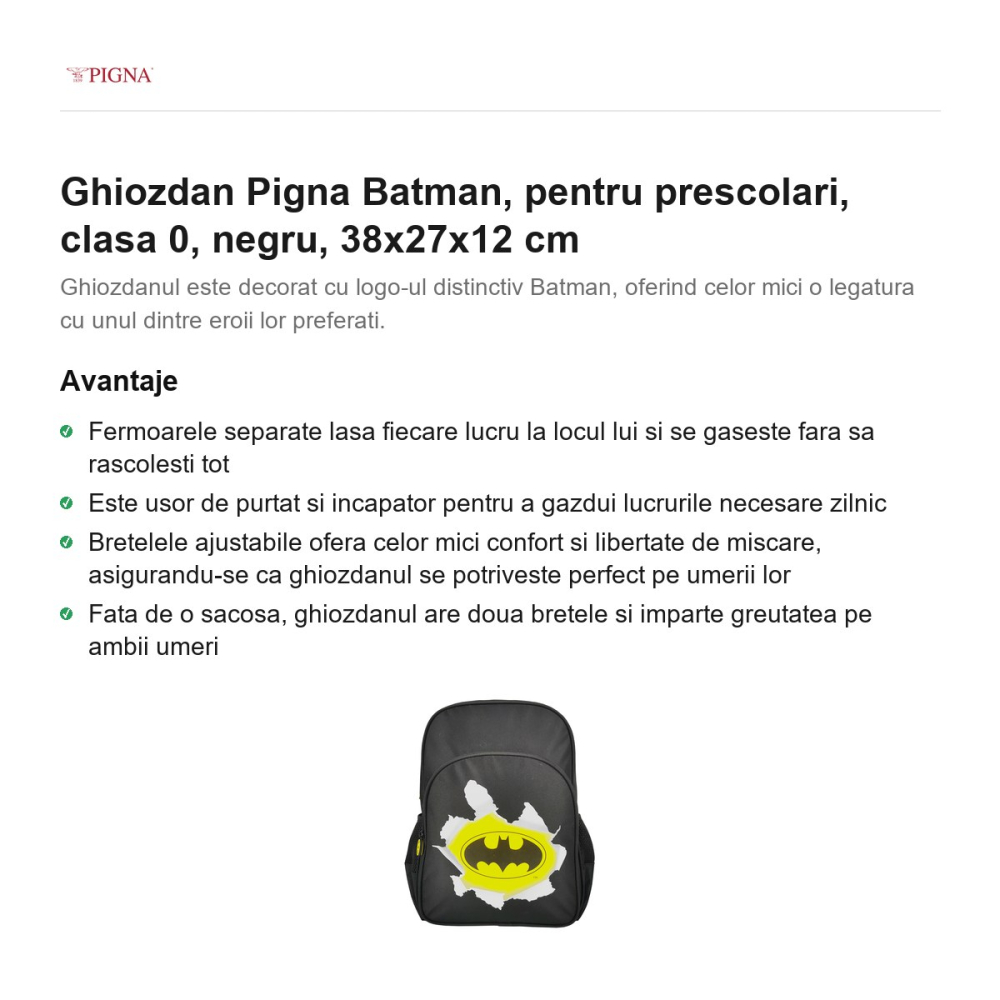 Ghiozdan Pigna Batman, pentru prescolari, negru, 38x27x12 cm [2]