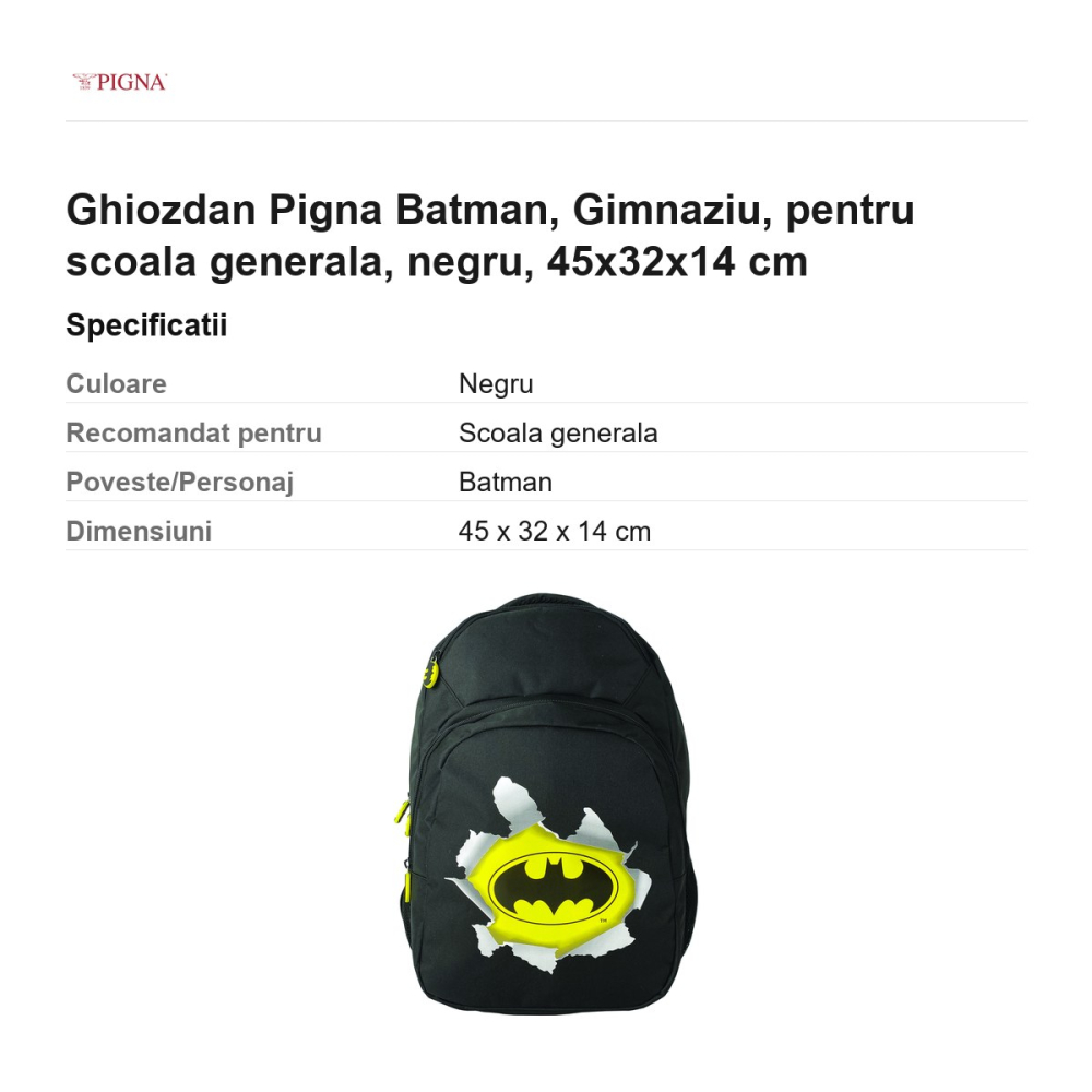 Ghiozdan Pigna Batman, pentru scoala generala, negru, 45x32x14 cm [3]