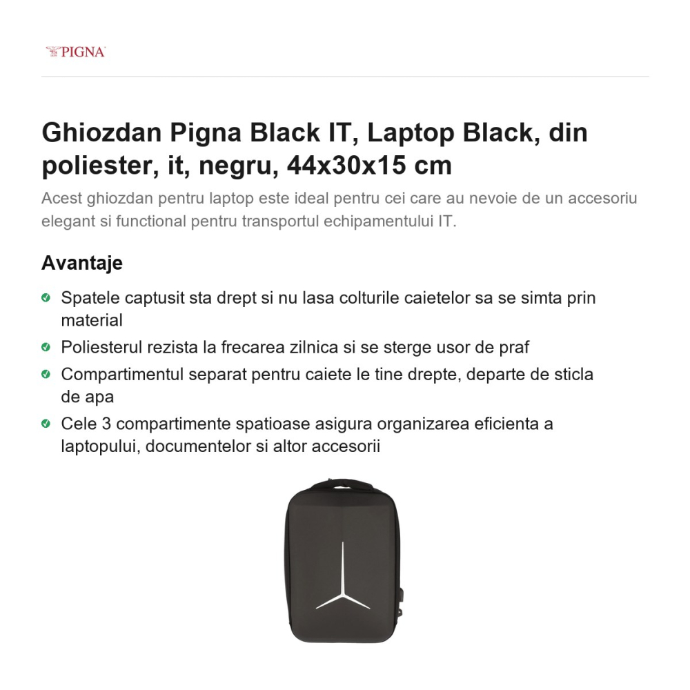 Ghiozdan Pigna Black IT, din poliester, laptop, negru, 44x30x15 cm [2]