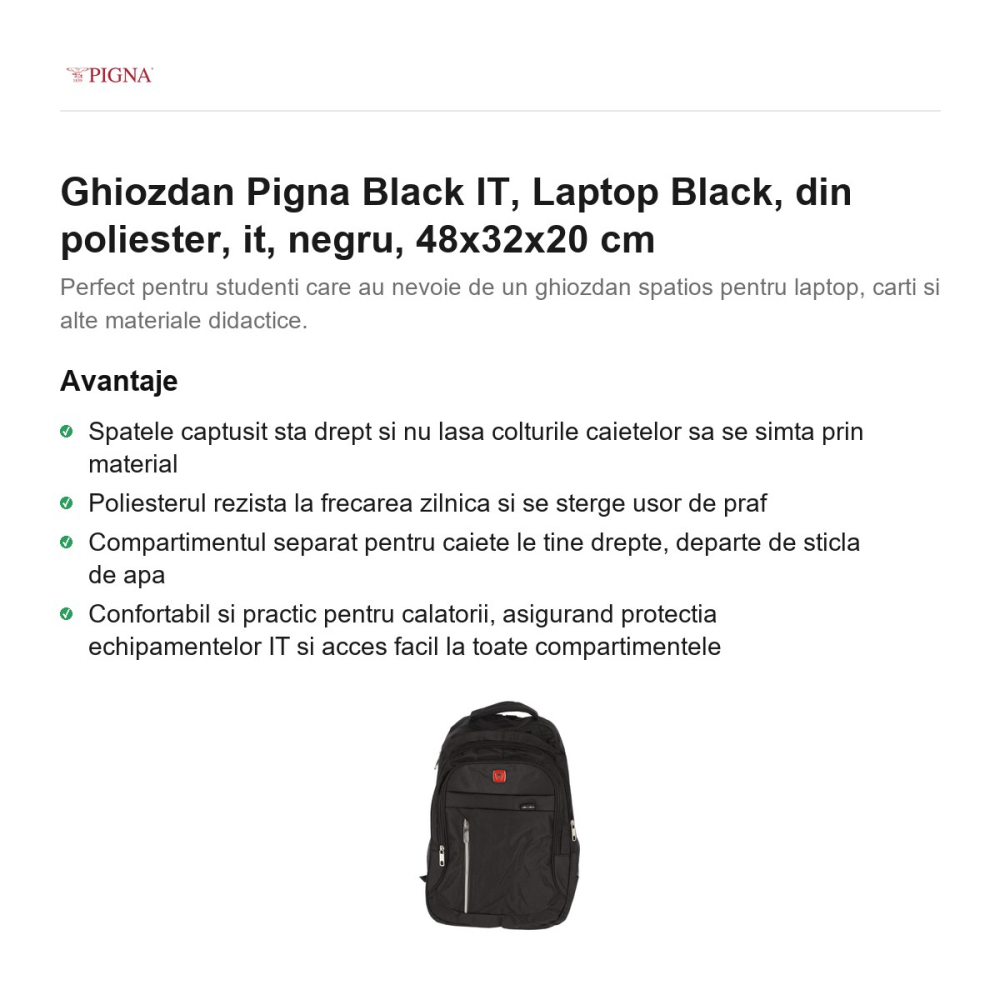 Ghiozdan Pigna Black IT, din poliester, laptop, negru, 48x32x20 cm [2]