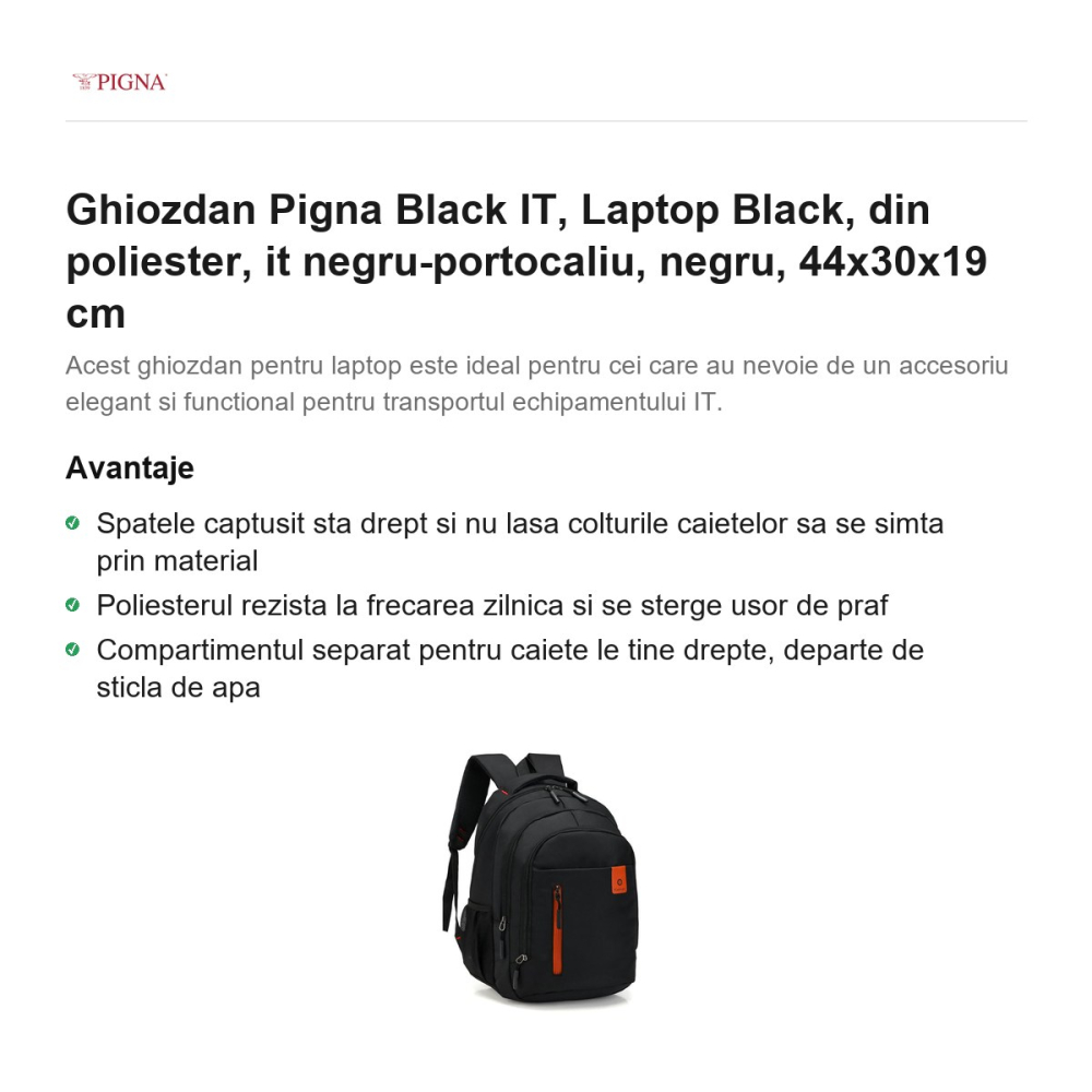 Ghiozdan Pigna Black IT, din poliester, laptop negru-portocaliu, negru, 44x30x19 cm [2]
