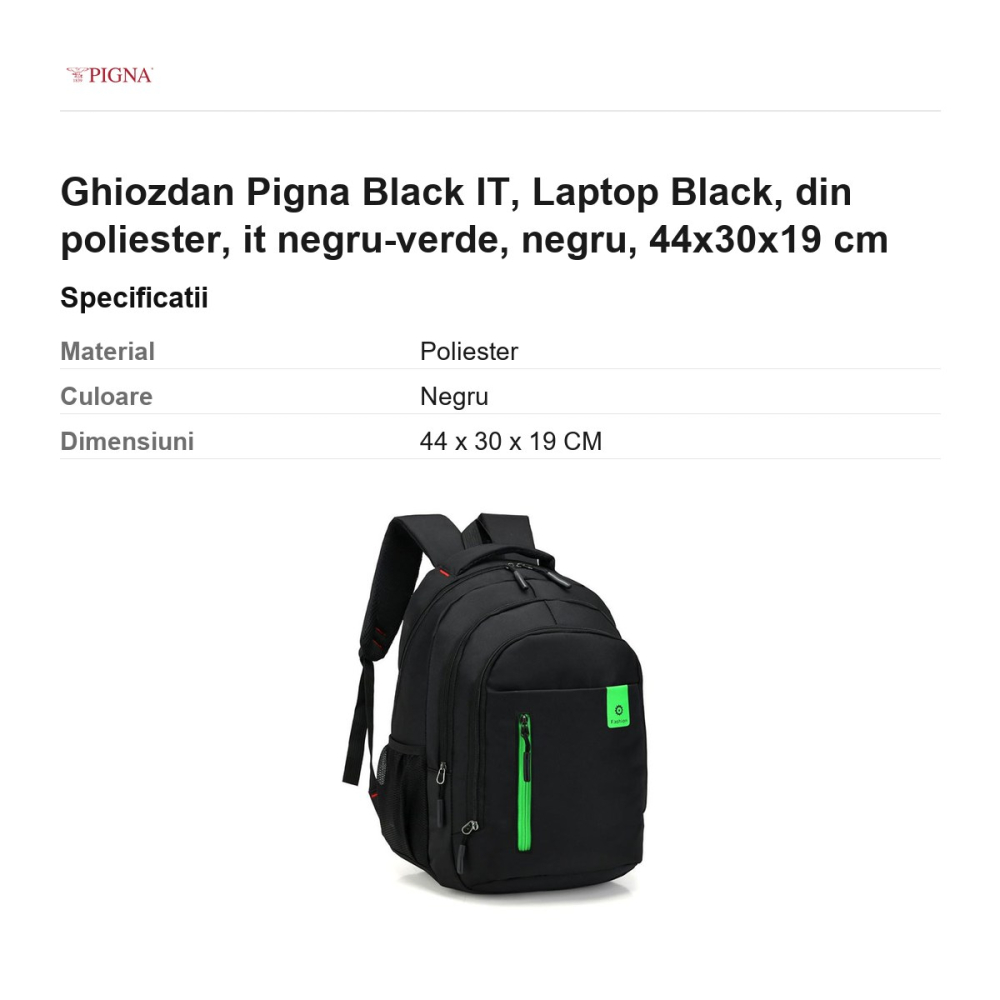 Ghiozdan Pigna Black IT, din poliester, laptop negru-verde, negru, 44x30x19 cm [3]