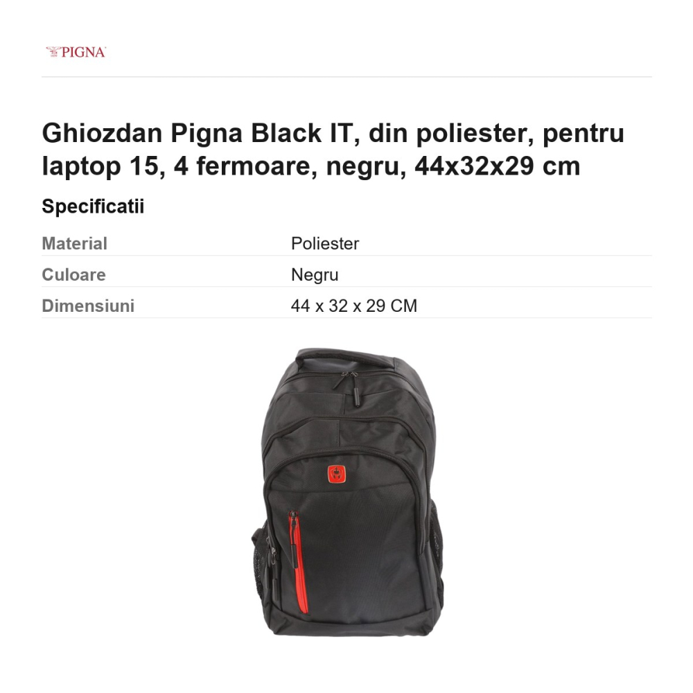Ghiozdan Pigna Black IT, din poliester, pentru laptop 15.6 inchi, 4 fermoare, negru, 44x32x29 cm [3]