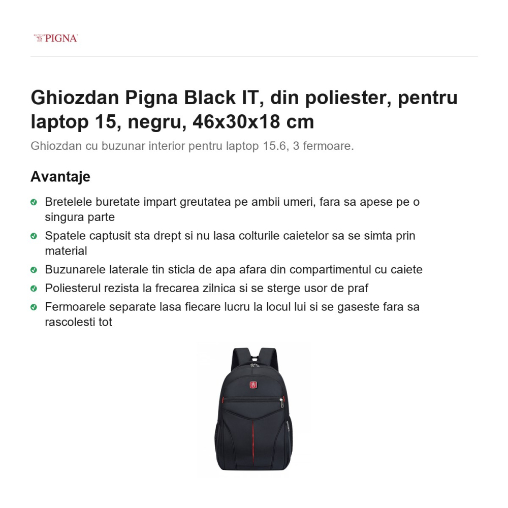 Ghiozdan Pigna Black IT, din poliester, pentru laptop 15.6", negru, 46x30x18 cm [2]
