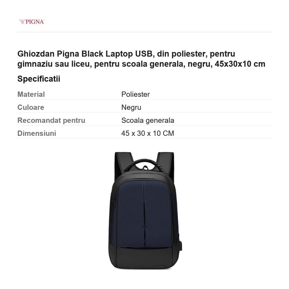 Ghiozdan Pigna Black Laptop USB, din poliester, pentru gimnaziu sau liceu, negru, 45x30x10 cm [3]