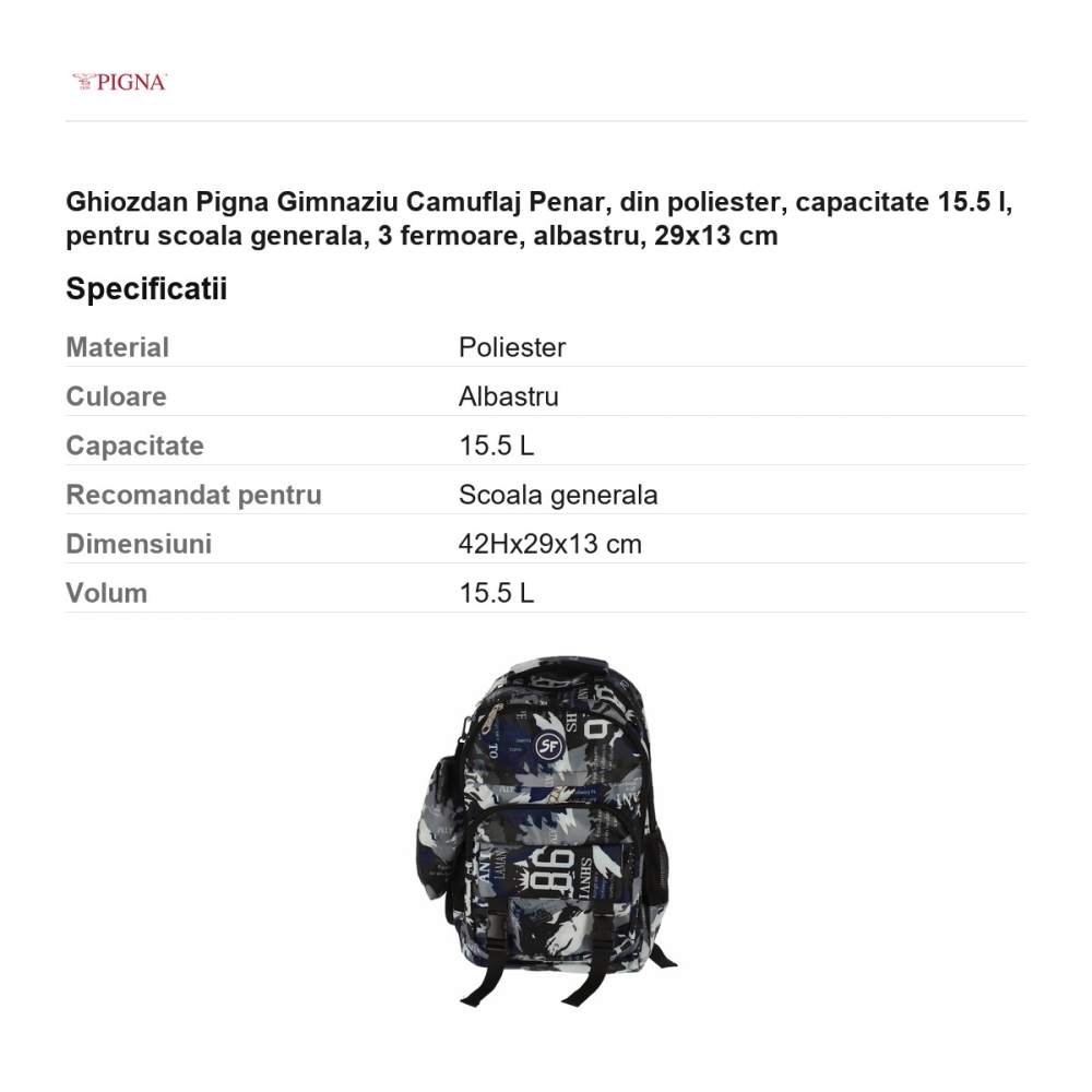 Ghiozdan Pigna Camuflaj Penar, din poliester, capacitate 15.5 l, pentru scoala generala, 3 fermoare, albastru, 29x13 cm [3]
